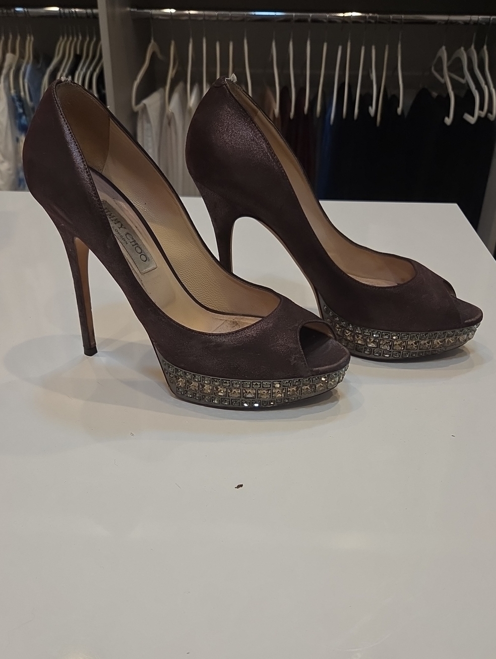 AUTHENTIC Jimmy Choo Crystal Studded Grey Peep Toe HEELS Shoes Sz 40 $850 ITALY